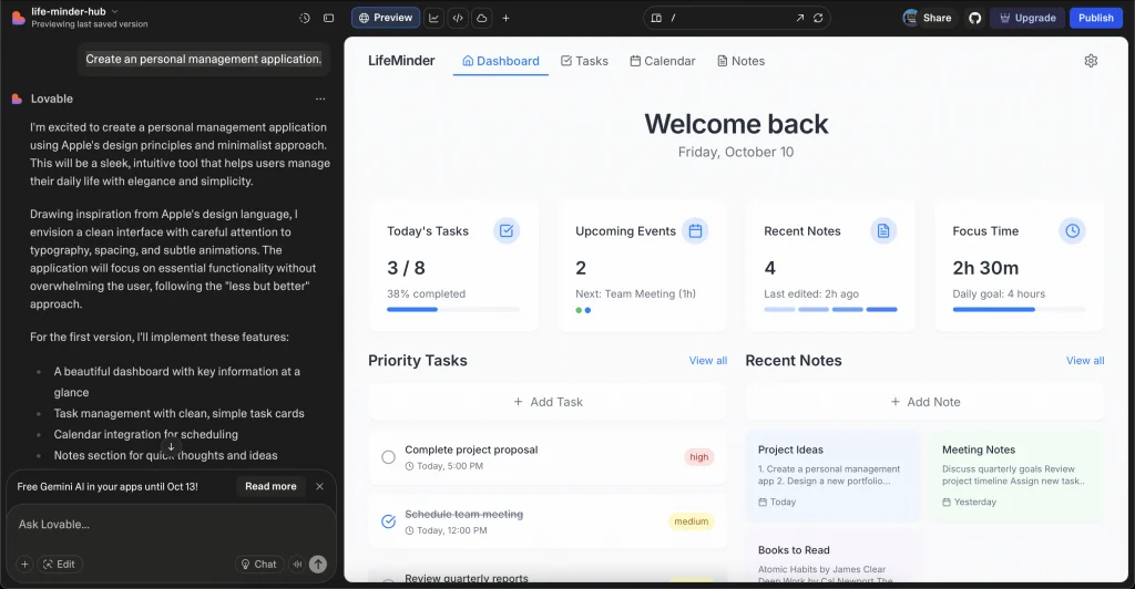 Dashboard created with Lovable for a personal management app